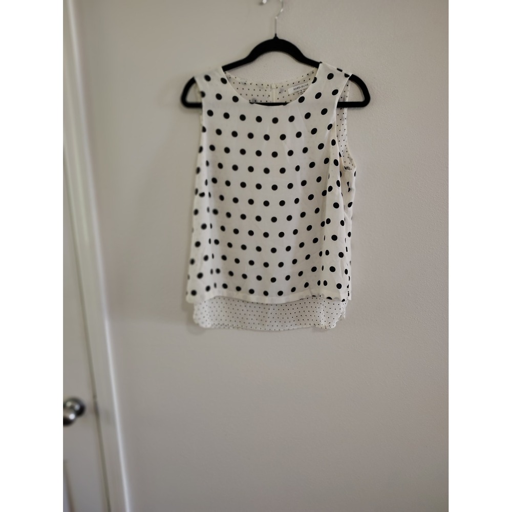Rose + Olive Womens Polka Dot Sleeveless Blouse White Black Layered Hem Size M
